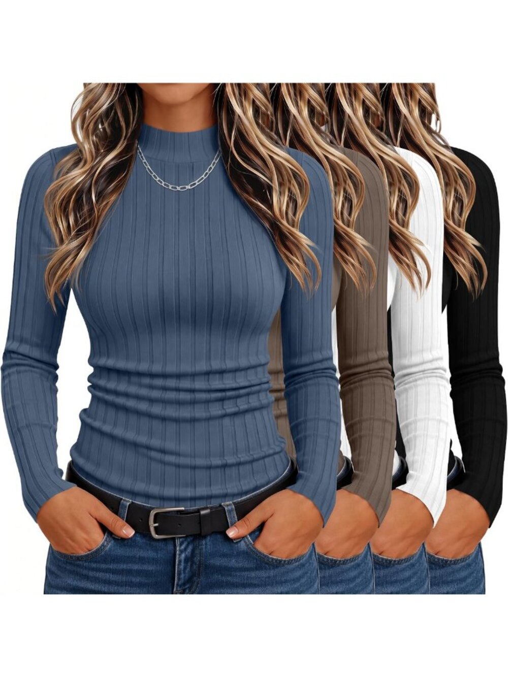 4 Pack Women's Long Sleeve Turtleneck Cotton Shirts - Versatile Layering Tops